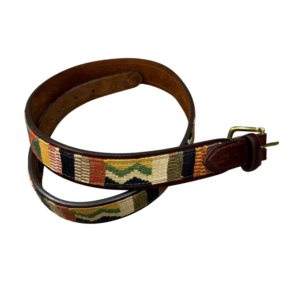 Orvis Cowboy Southwestern Aztec Tribal Leather Woven Tapestry Belt USA Made 40